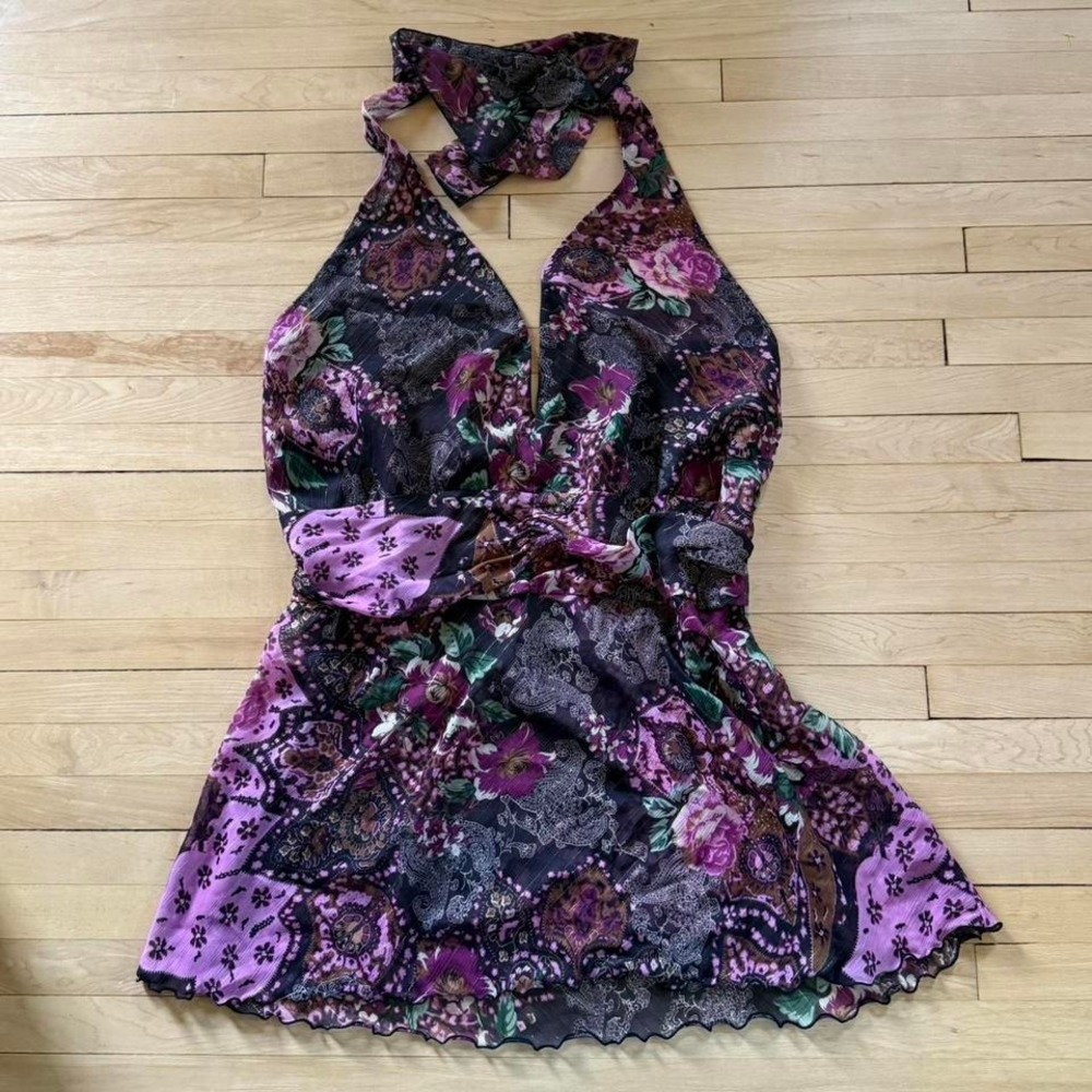 Y2K Black And Purple Floral Bisou Bisou Sheer Halter Top WhimsyGoth